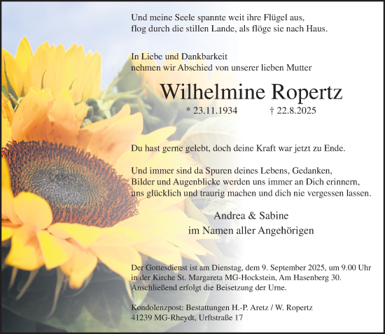 Traueranzeige von Wilhelmine Ropertz von trauer.extra-tipp-moenchengladbach.de