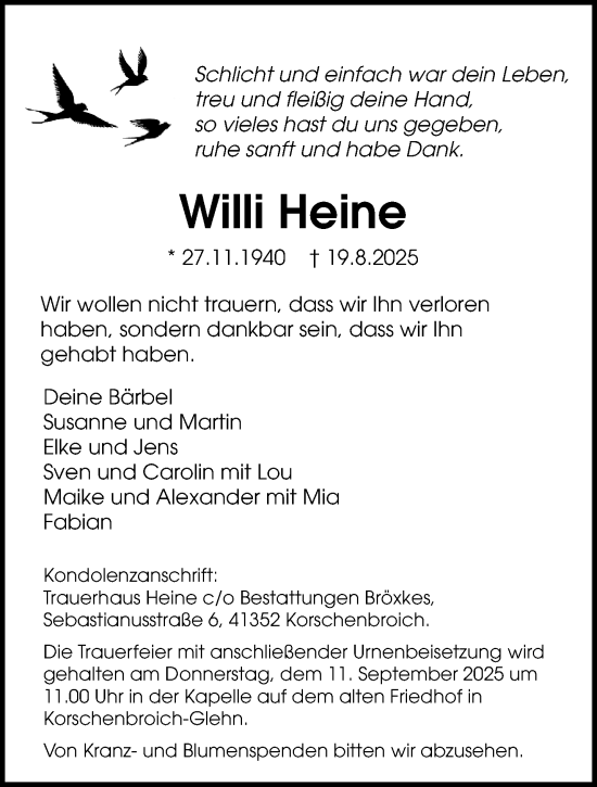 Traueranzeige von Willi Heine von trauer.extra-tipp-moenchengladbach.de