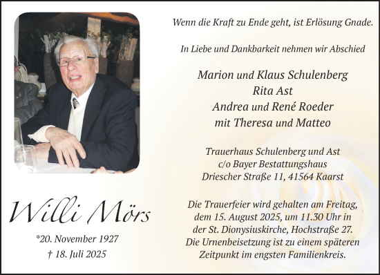 Traueranzeige von Willi Mörs von trauer.extra-tipp-moenchengladbach.de
