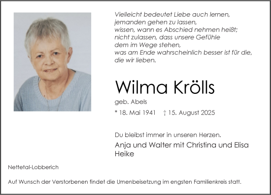 Traueranzeige von Wilma Krölls von trauer.extra-tipp-moenchengladbach.de