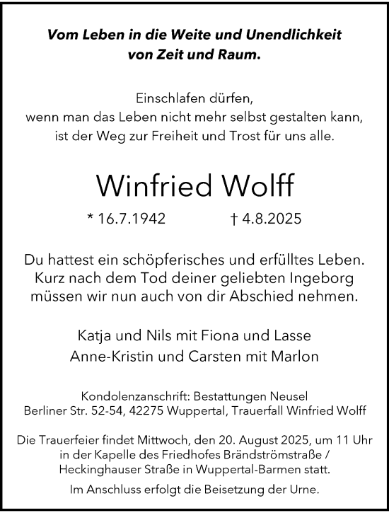 Traueranzeige von Winfried Wolff von trauer.wuppertaler-rundschau.de