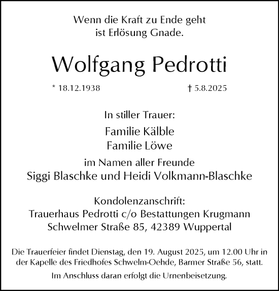 Traueranzeige von Wolfgang Pedrotti von trauer.wuppertaler-rundschau.de