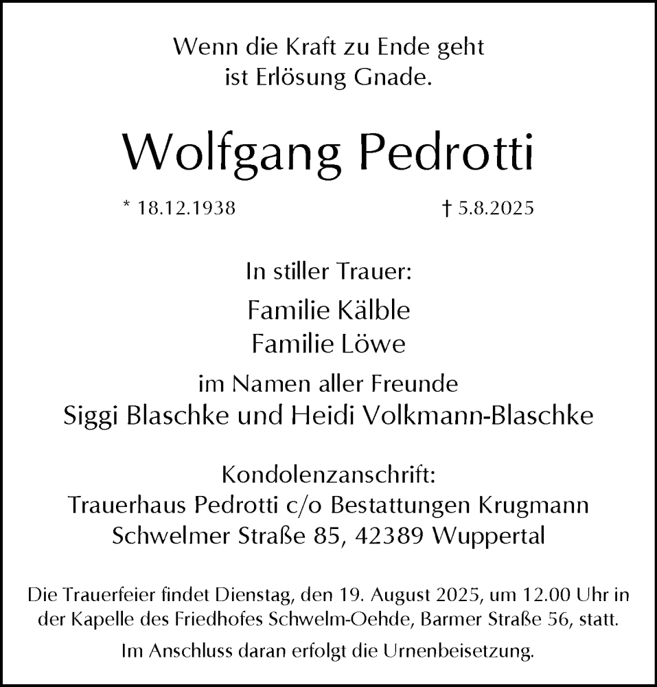  Traueranzeige für Wolfgang Pedrotti vom 16.08.2025 aus trauer.wuppertaler-rundschau.de