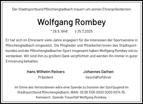 Traueranzeige von Wolfgang Rombey von trauer.extra-tipp-moenchengladbach.de
