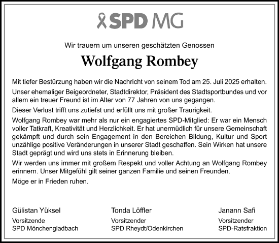 Traueranzeige von Wolfgang Rombey von trauer.extra-tipp-moenchengladbach.de