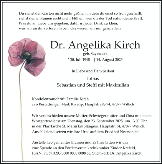 Traueranzeige von Angelika Kirch von trauer.panorama-anzeigenblatt.de