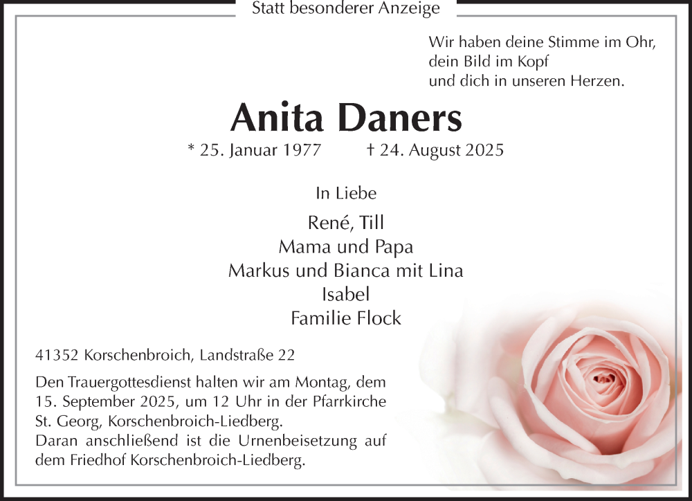  Traueranzeige für Anita Daners vom 07.09.2025 aus Rheinisch-Bergische Anzeigenblatt