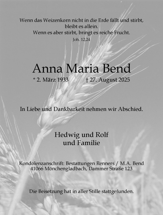 Traueranzeige von Anna Maria Bend von trauer.panorama-anzeigenblatt.de