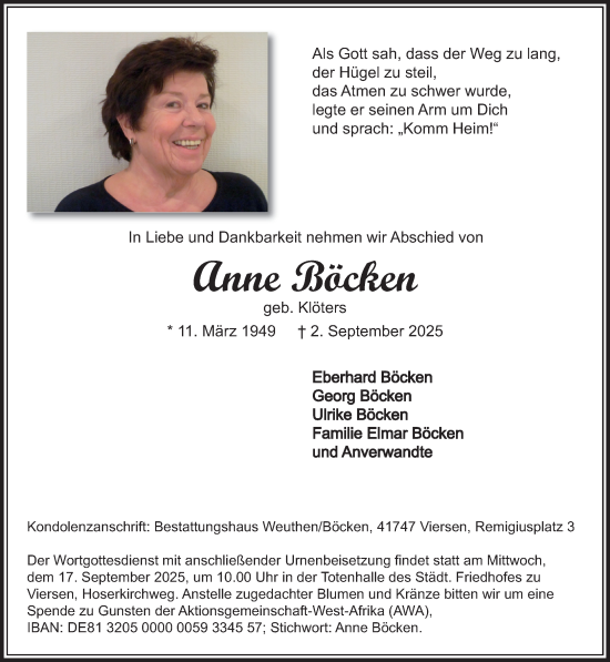 Traueranzeige von Anne Böcken von trauer.panorama-anzeigenblatt.de