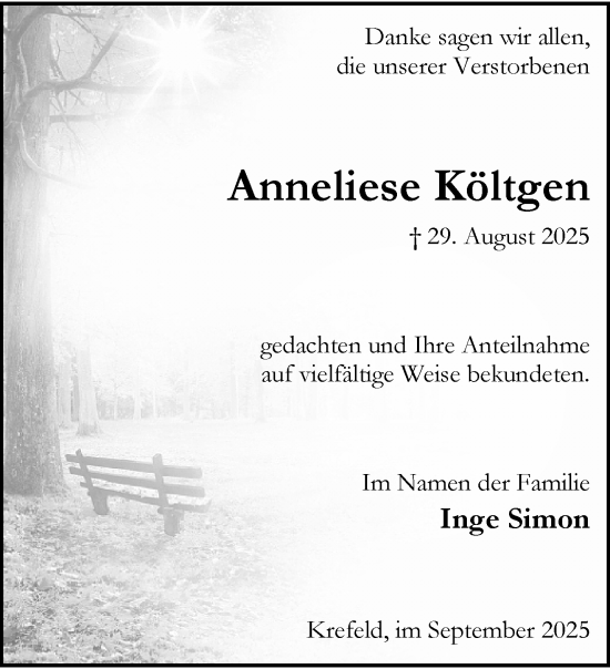 Traueranzeige von Anneliese Költgen von trauer.panorama-anzeigenblatt.de