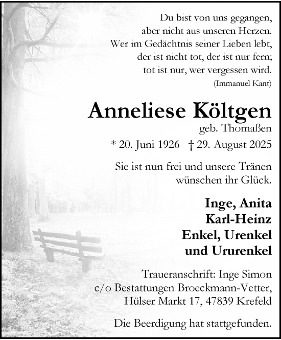 Traueranzeige von Anneliese Költgen von Rheinisch-Bergische Anzeigenblatt