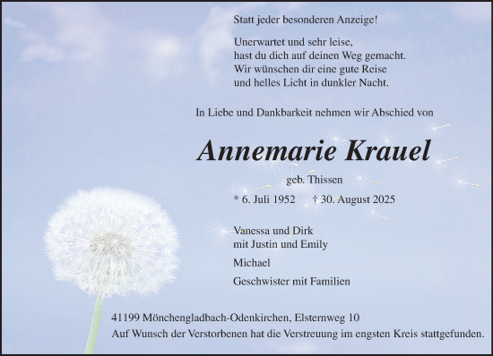 Traueranzeige von Annemarie Krauel von trauer.panorama-anzeigenblatt.de