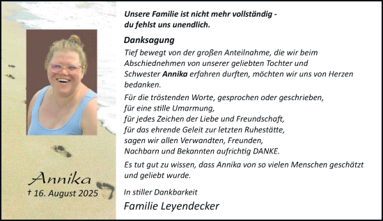 Traueranzeige von Annika  von trauer.stadt-kurier.de
