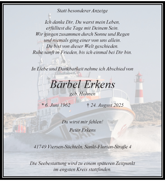 Traueranzeige von Bärbel Erkens von Rheinisch-Bergische Anzeigenblatt