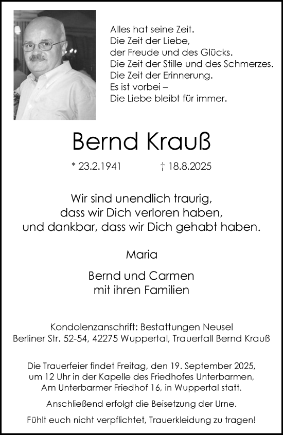 Traueranzeige von Bernd Krauß von trauer.wuppertaler-rundschau.de