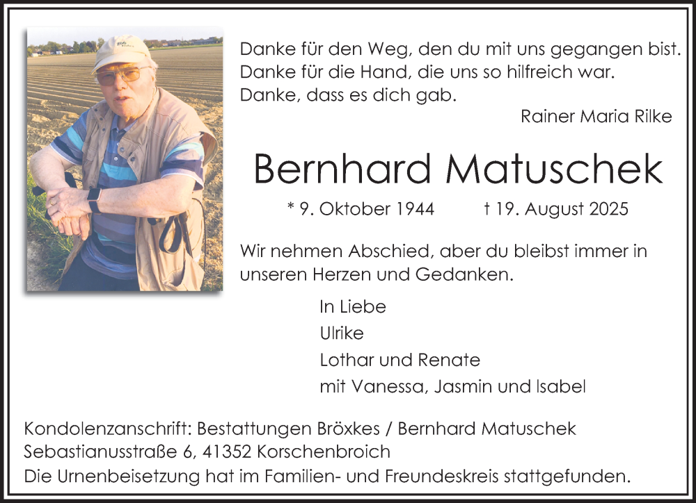  Traueranzeige für Bernhard Matuschek vom 14.09.2025 aus trauer.panorama-anzeigenblatt.de