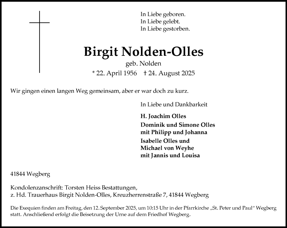  Traueranzeige für Birgit Nolden-Olles vom 07.09.2025 aus Rheinisch-Bergische Anzeigenblatt