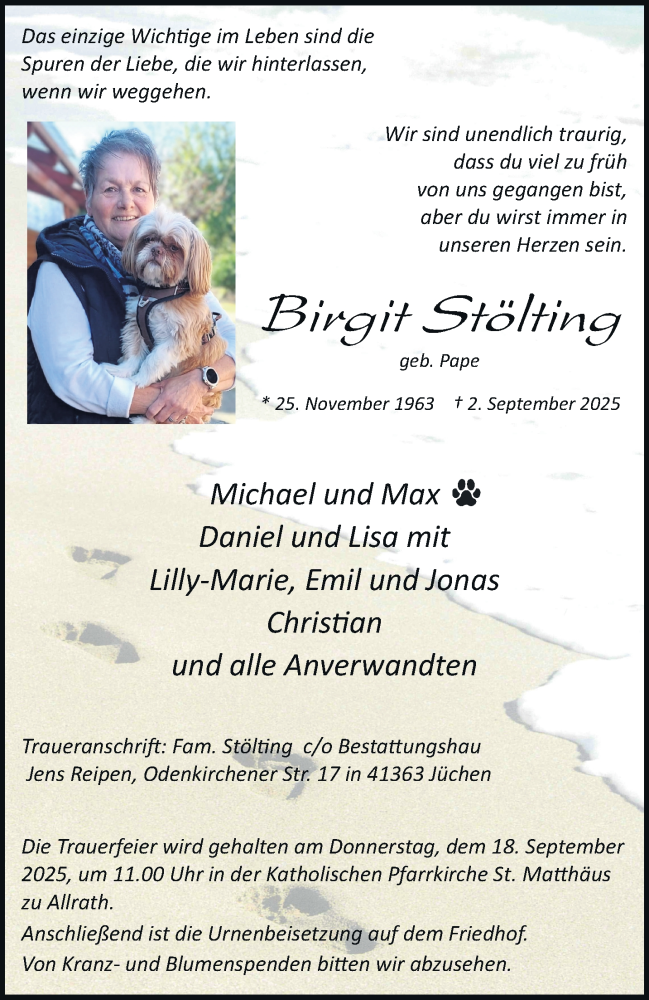  Traueranzeige für Birgit Stölting vom 13.09.2025 aus trauer.stadt-kurier.de