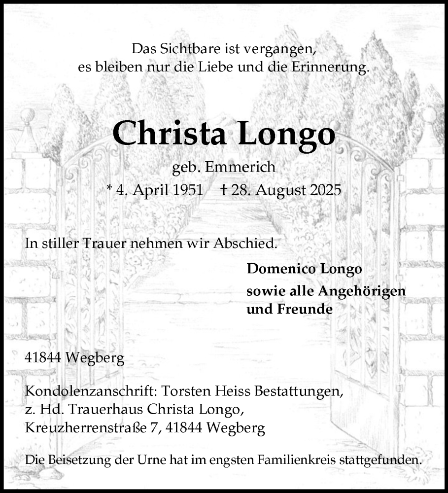  Traueranzeige für Christa Longo vom 21.09.2025 aus trauer.panorama-anzeigenblatt.de