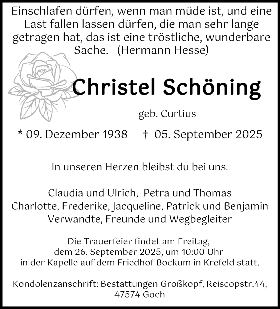  Traueranzeige für Christel Schöning vom 21.09.2025 aus trauer.panorama-anzeigenblatt.de