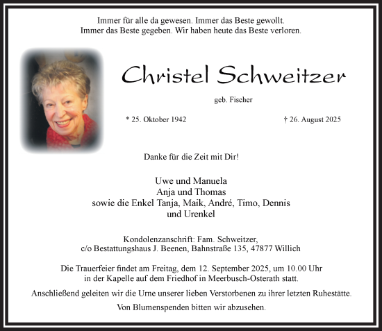 Traueranzeige von Christel Schweitzer von Rheinisch-Bergische Anzeigenblatt