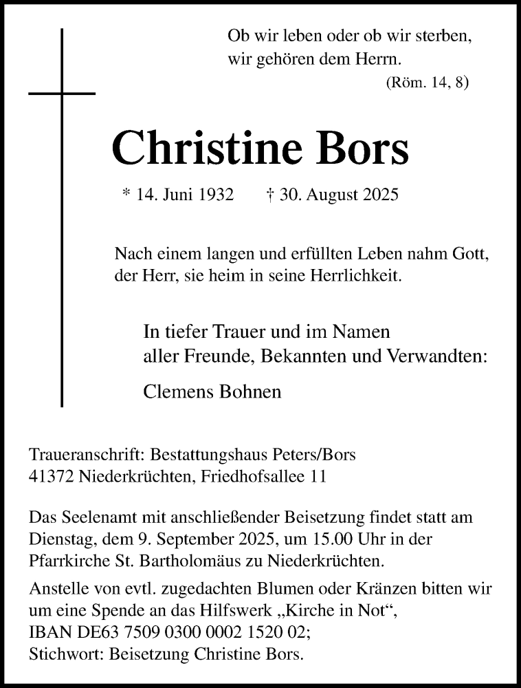  Traueranzeige für Christine Bors vom 07.09.2025 aus Rheinisch-Bergische Anzeigenblatt