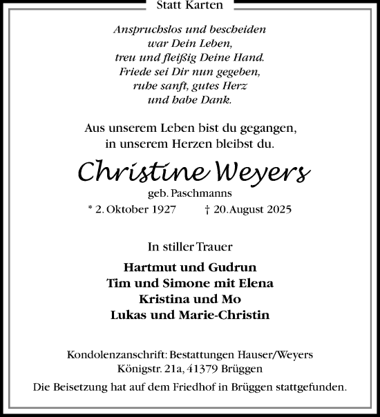 Traueranzeige von Christine Weyers von Rheinisch-Bergische Anzeigenblatt