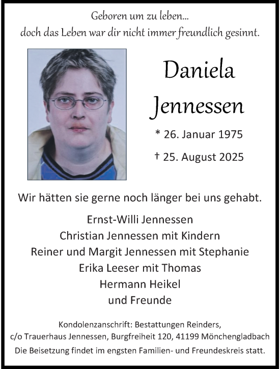 Traueranzeige von Daniela Jennessen von Rheinisch-Bergische Anzeigenblatt