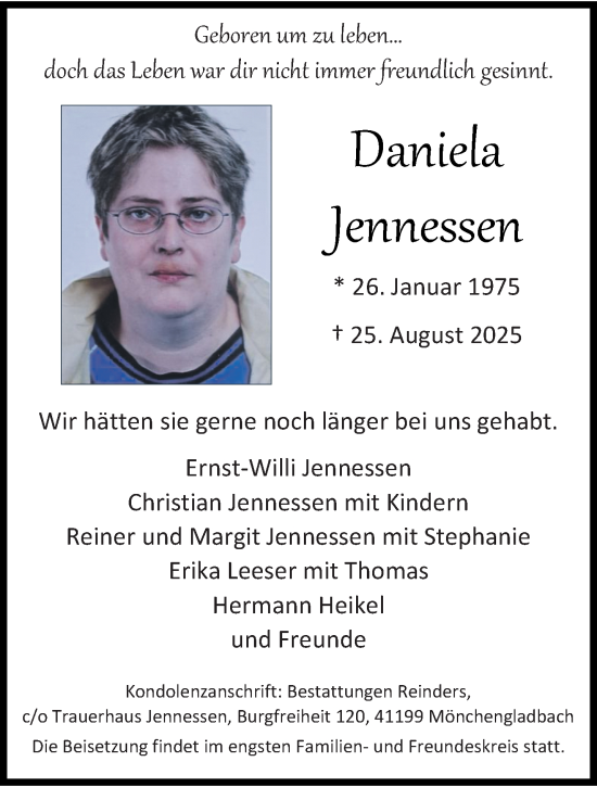 Traueranzeige von Daniela Jennessen von trauer.stadt-kurier.de