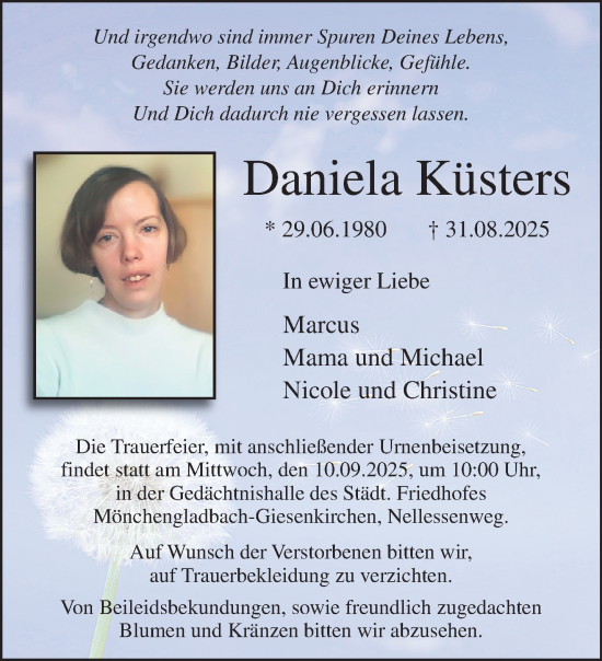 Traueranzeige von Daniela Küsters von Rheinisch-Bergische Anzeigenblatt