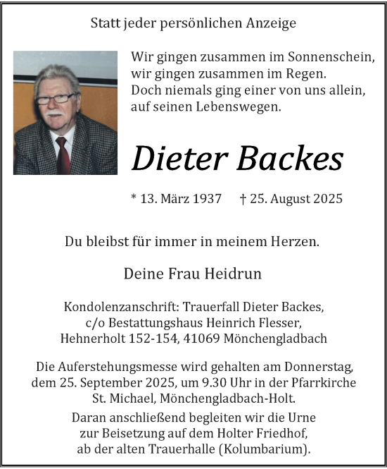 Traueranzeige von Dieter Backes von trauer.panorama-anzeigenblatt.de