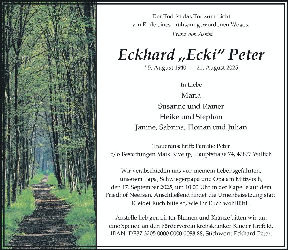  Traueranzeige für Eckhard Peter vom 07.09.2025 aus Rheinisch-Bergische Anzeigenblatt