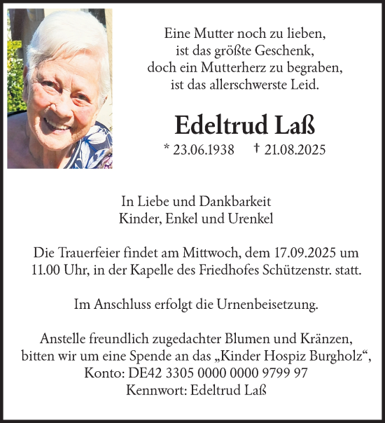 Traueranzeige von Edeltrud Laß von trauer.wuppertaler-rundschau.de