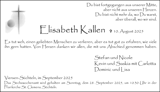 Traueranzeige von Elisabeth Kallen von trauer.panorama-anzeigenblatt.de