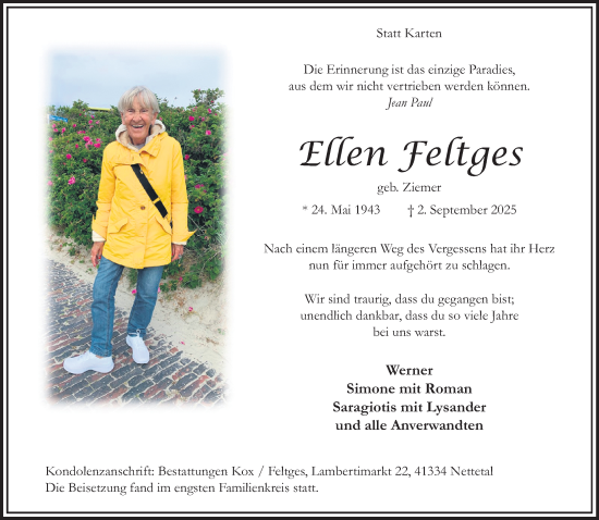 Traueranzeige von Ellen Feltges von trauer.panorama-anzeigenblatt.de