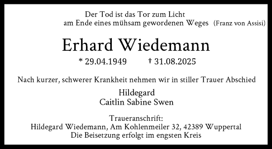 Traueranzeige von Erhard Wiedemann von trauer.wuppertaler-rundschau.de