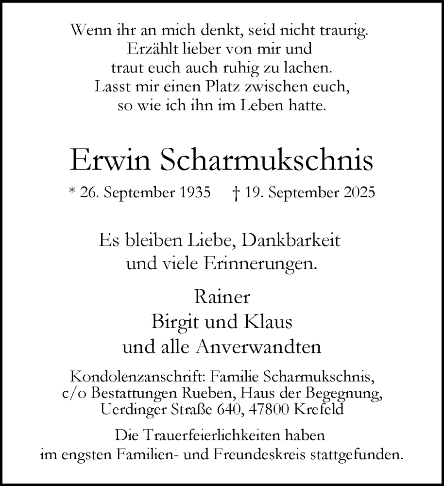  Traueranzeige für Erwin Scharmukschnis vom 28.09.2025 aus trauer.panorama-anzeigenblatt.de