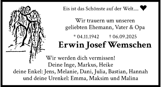 Traueranzeige von Erwin Josef Wemschen von trauer.panorama-anzeigenblatt.de