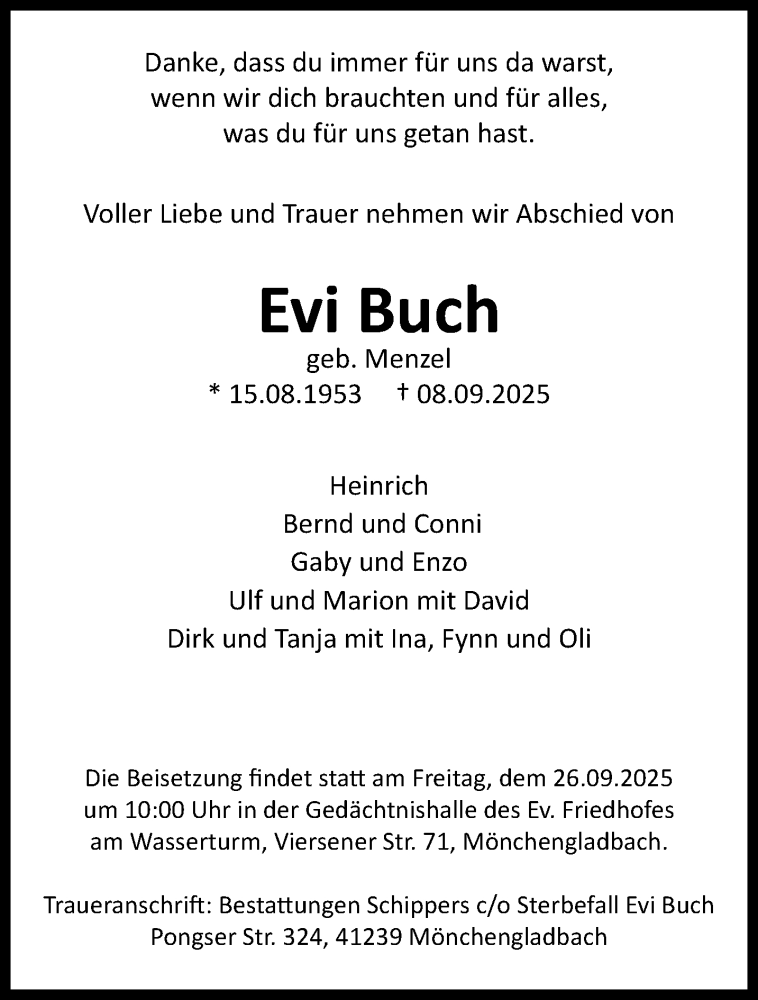  Traueranzeige für Evi Buch vom 21.09.2025 aus trauer.panorama-anzeigenblatt.de