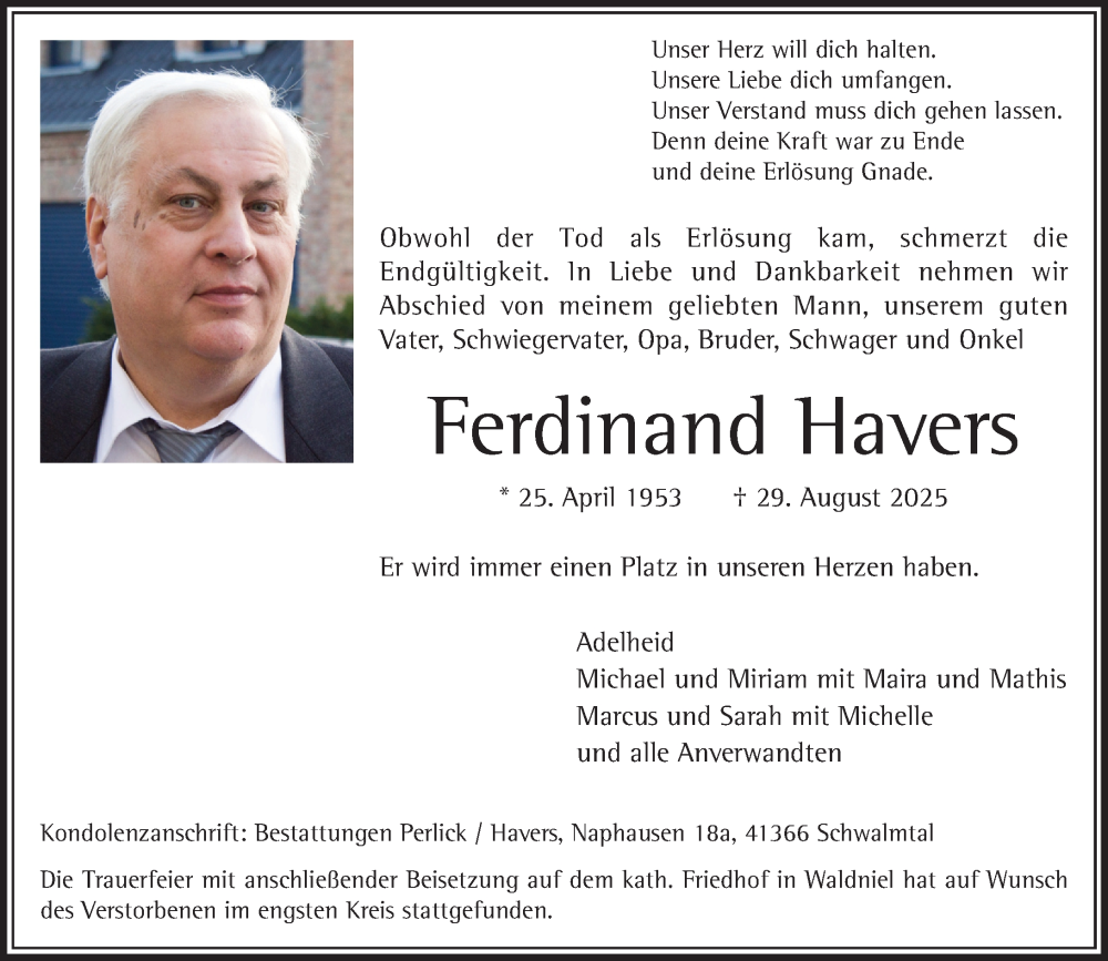  Traueranzeige für Ferdinand Havers vom 07.09.2025 aus Rheinisch-Bergische Anzeigenblatt