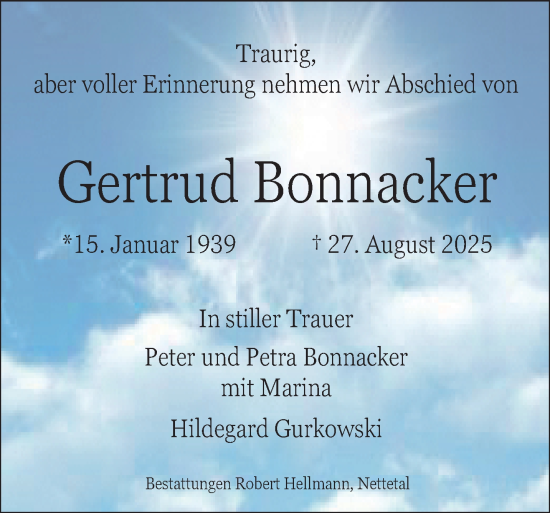 Traueranzeige von Gertrud Bonnacker von Rheinisch-Bergische Anzeigenblatt