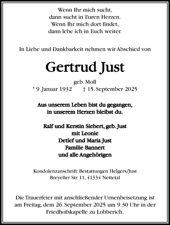 Traueranzeige von Gertrud Just von trauer.panorama-anzeigenblatt.de