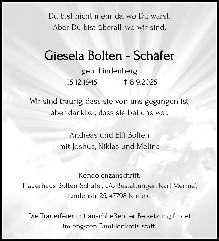  Traueranzeige für Giesela Bolten-Schäfer vom 28.09.2025 aus trauer.panorama-anzeigenblatt.de