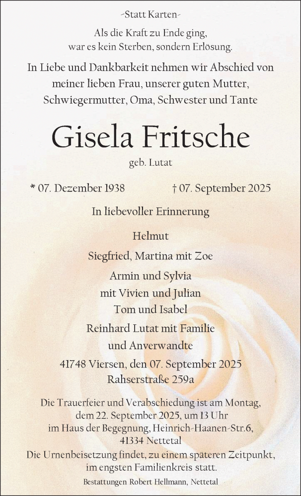  Traueranzeige für Gisela Fritsche vom 14.09.2025 aus trauer.panorama-anzeigenblatt.de