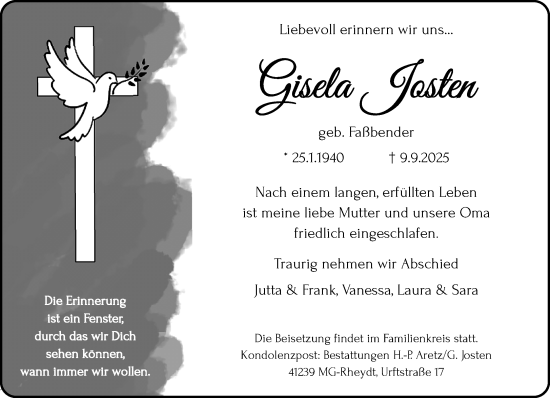 Traueranzeige von Gisela Josten von trauer.panorama-anzeigenblatt.de