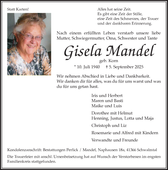Traueranzeige von Gisela Mandel von trauer.panorama-anzeigenblatt.de