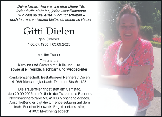 Traueranzeige von Gitti Dielen von trauer.panorama-anzeigenblatt.de