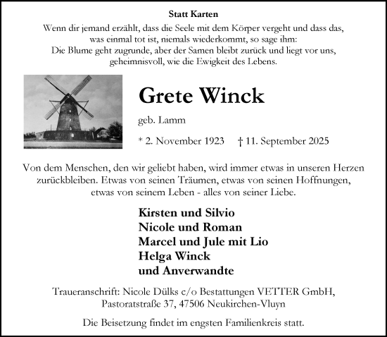 Traueranzeige von Grete Winck von trauer.panorama-anzeigenblatt.de