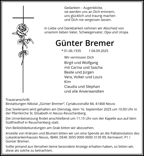 Traueranzeige von Günter Bremer von trauer.stadt-kurier.de