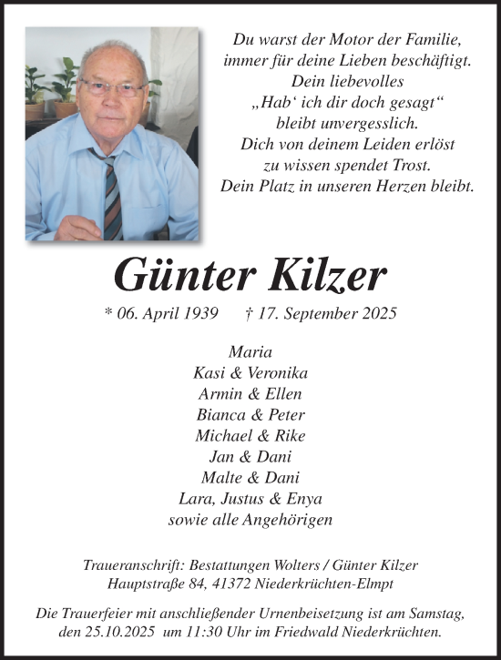 Traueranzeige von Günter Kilzer von trauer.panorama-anzeigenblatt.de